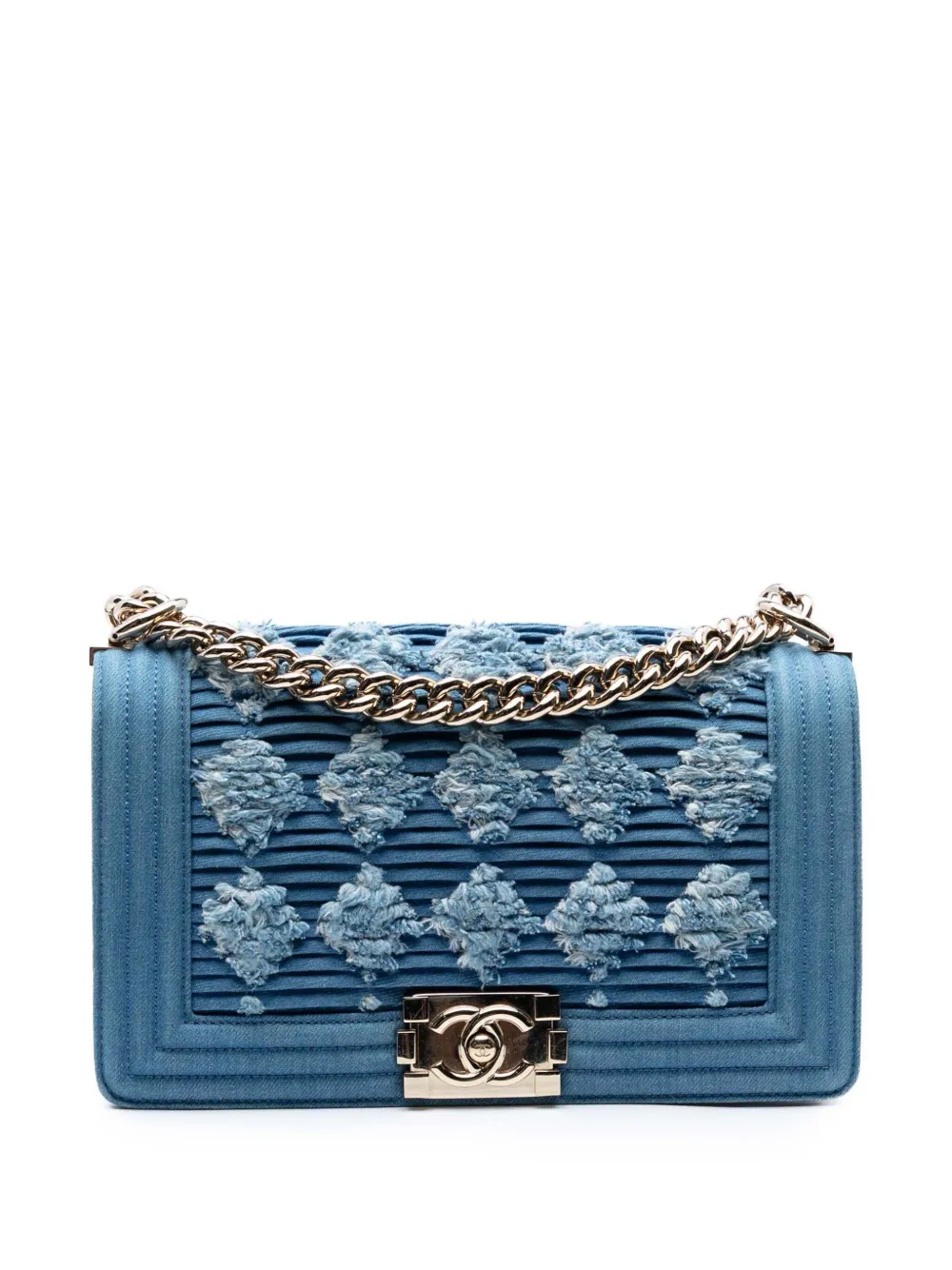 CHANEL Pre-Owned 2019 Old Medium Pleated Denim Boy Flap crossbody bag - Blau