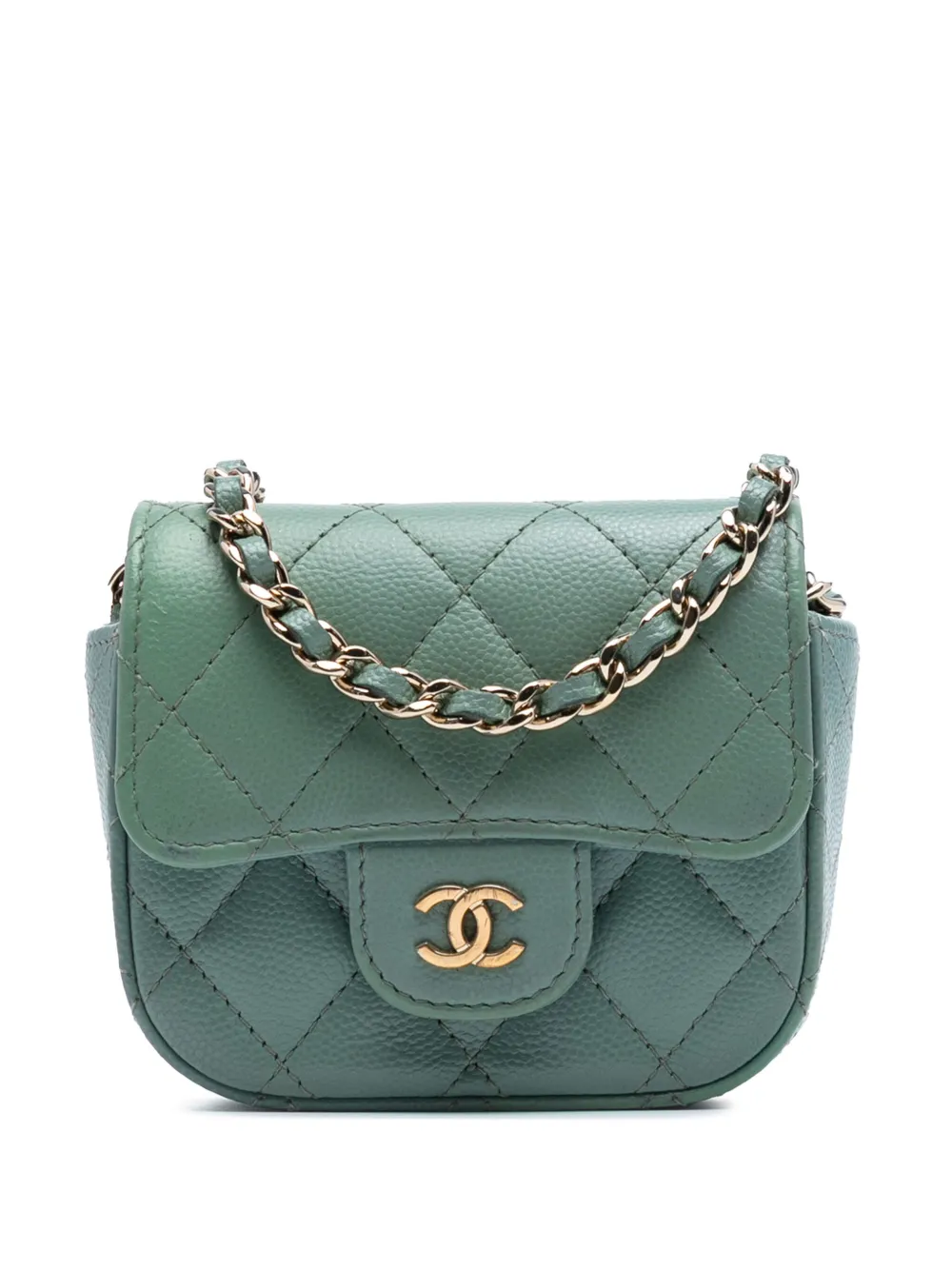 CHANEL Pre-Owned Single Flap liten klassisk axelremsväska i kaviarläder från 2021 | grön | Image 1