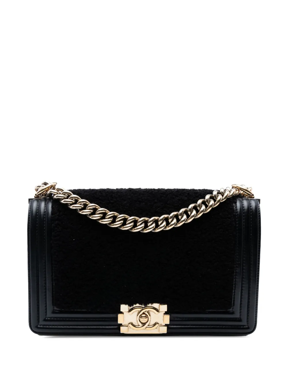 Pre-owned Chanel 2016-2017 Old Medium Shearling Boy Flap Crossbody Bag In Black