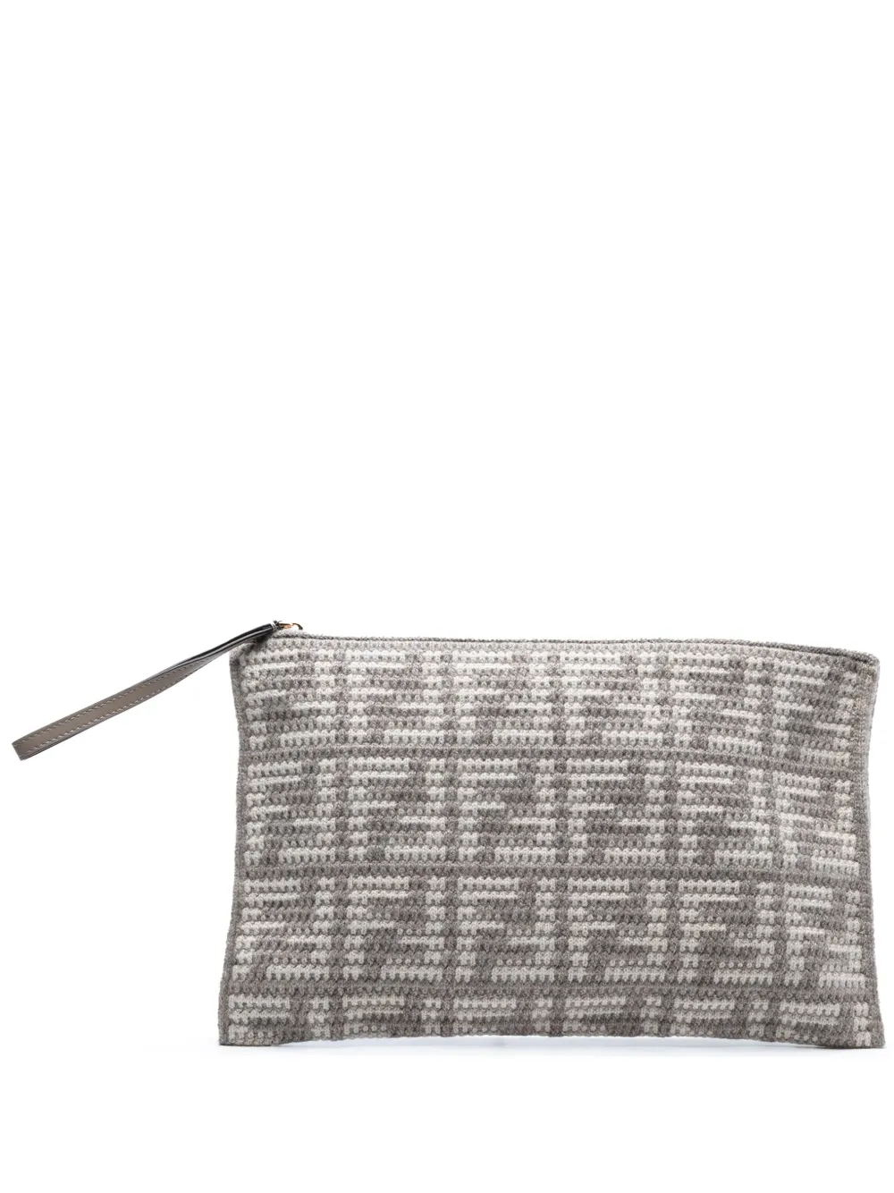 Pre-owned Fendi 2010-2025 Large Woven Fabric And Calfskin Ff Flat Pouch In Gray