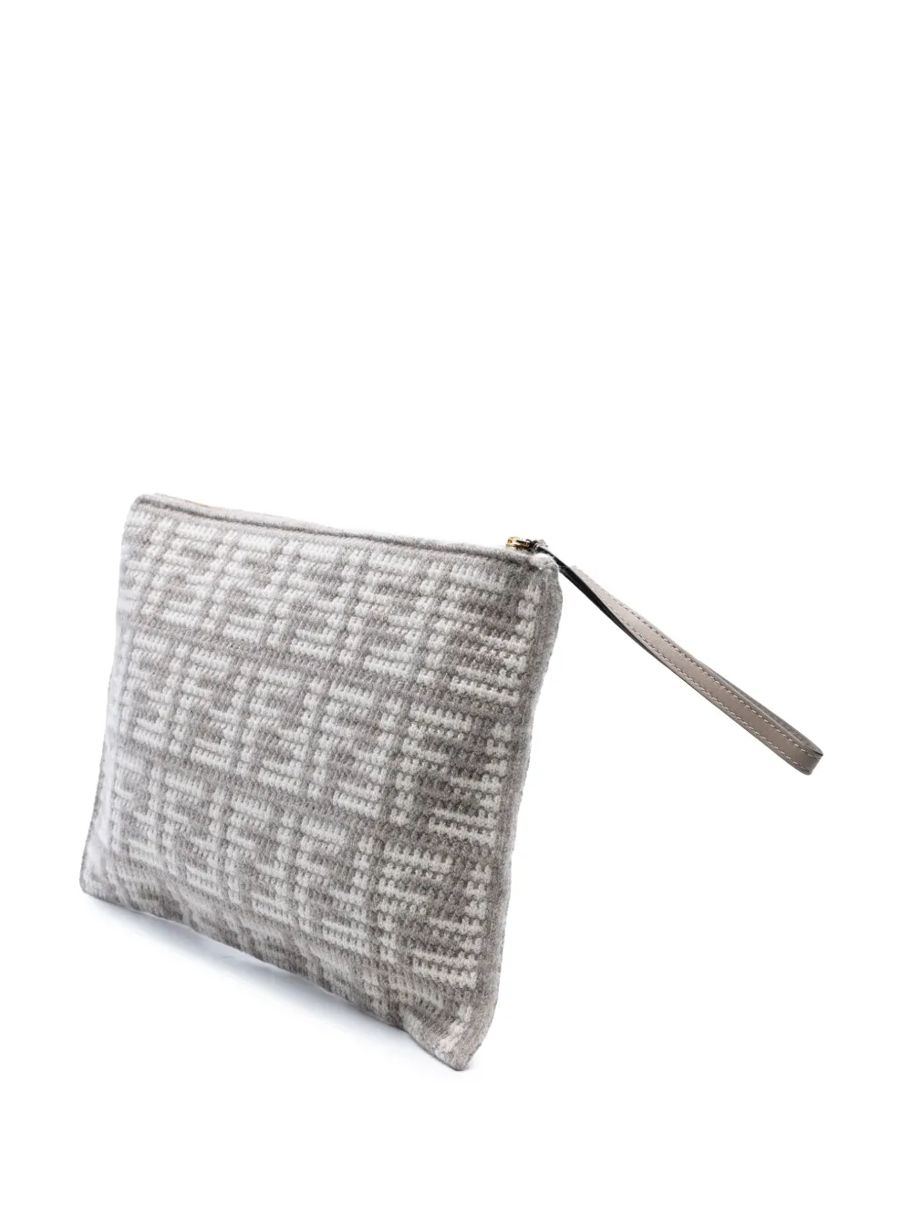 Pre-owned Fendi 2010-2025 Large Woven Fabric And Calfskin Ff Flat Pouch In Gray