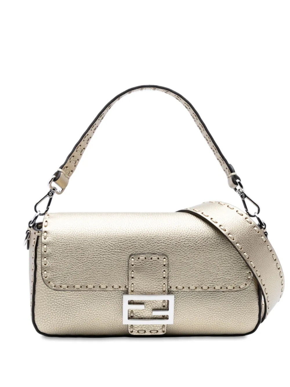 Pre-owned Fendi 2000-2010 Medium Leather Selleria Baguette Satchel In Gold