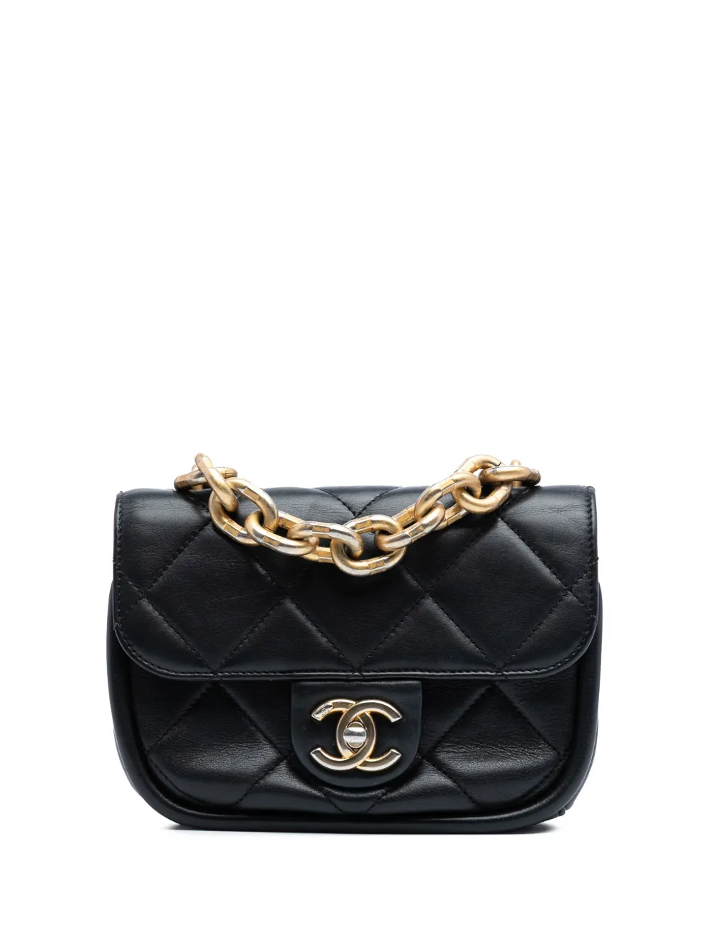 Pre-owned Chanel 2021-2025 Mini Quilted Lambskin Chain Top Handle Flap Satchel In Black