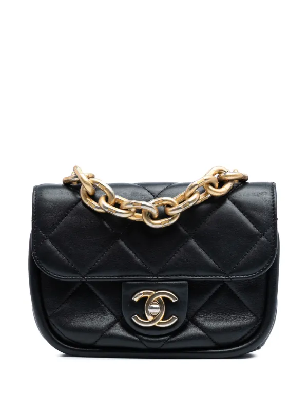 Chanel Pre-owned 2021-2025 Mini Quilted Lambskin Chain Top Handle Flap Satchel in Black