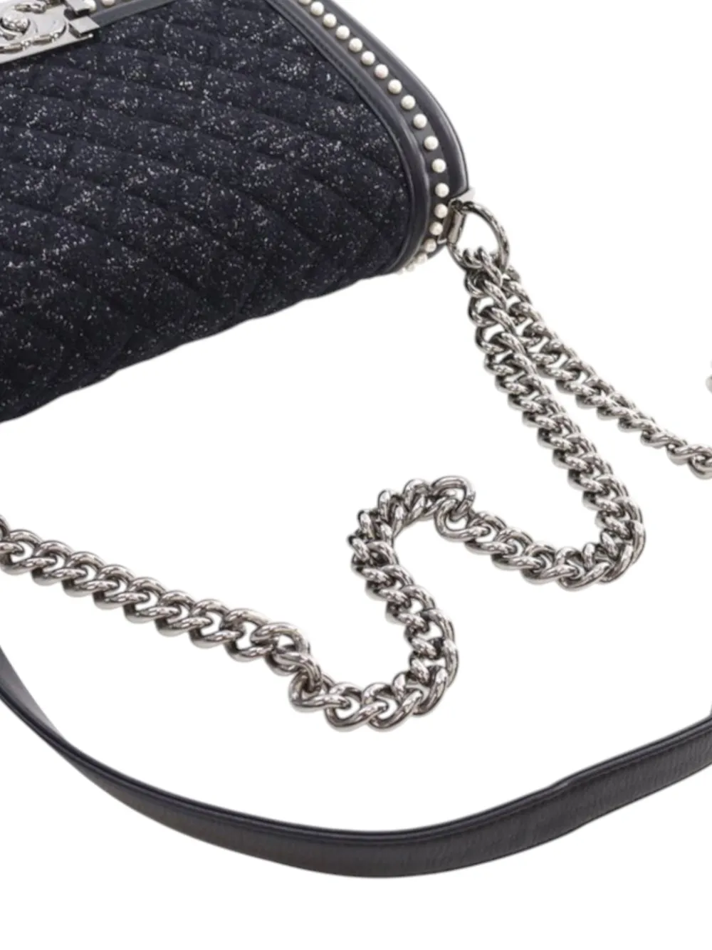 Pre-owned Chanel 2018-2019 Old Medium Quilted Tweed And Calfskin Pearl Boy Flap Crossbody Bag In Black