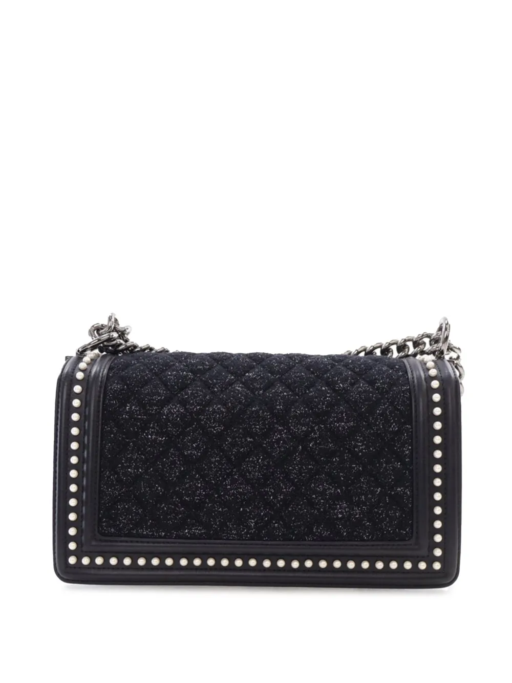 Pre-owned Chanel 2018-2019 Old Medium Quilted Tweed And Calfskin Pearl Boy Flap Crossbody Bag In Black