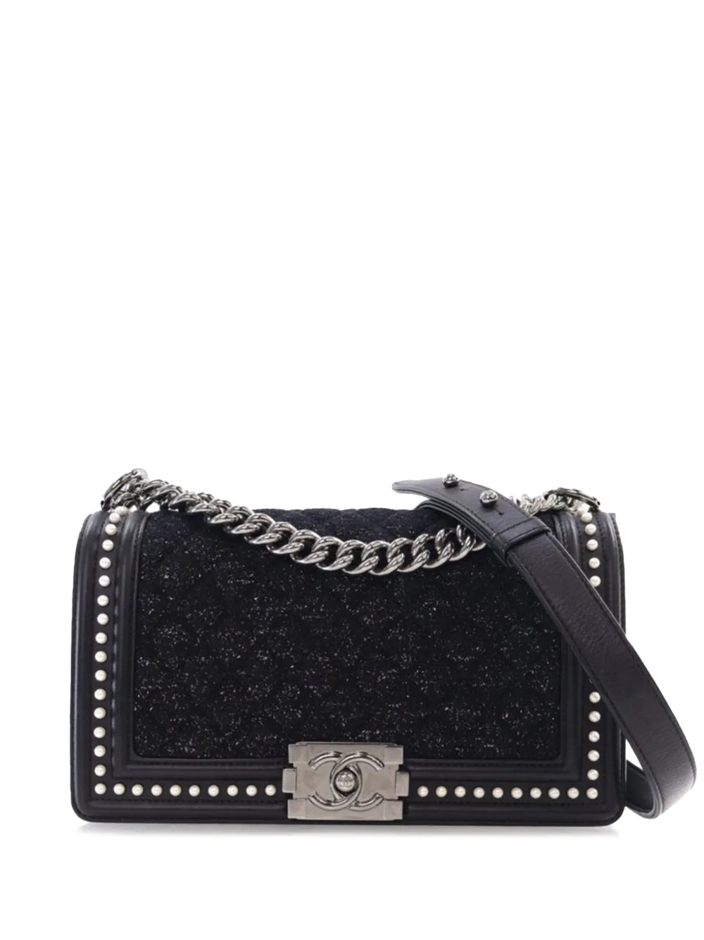 CHANEL Pre-Owned 2018-2019 オールドミディアム マトラッセ ツイード＆カーフスキン パール ボーイ フラップ