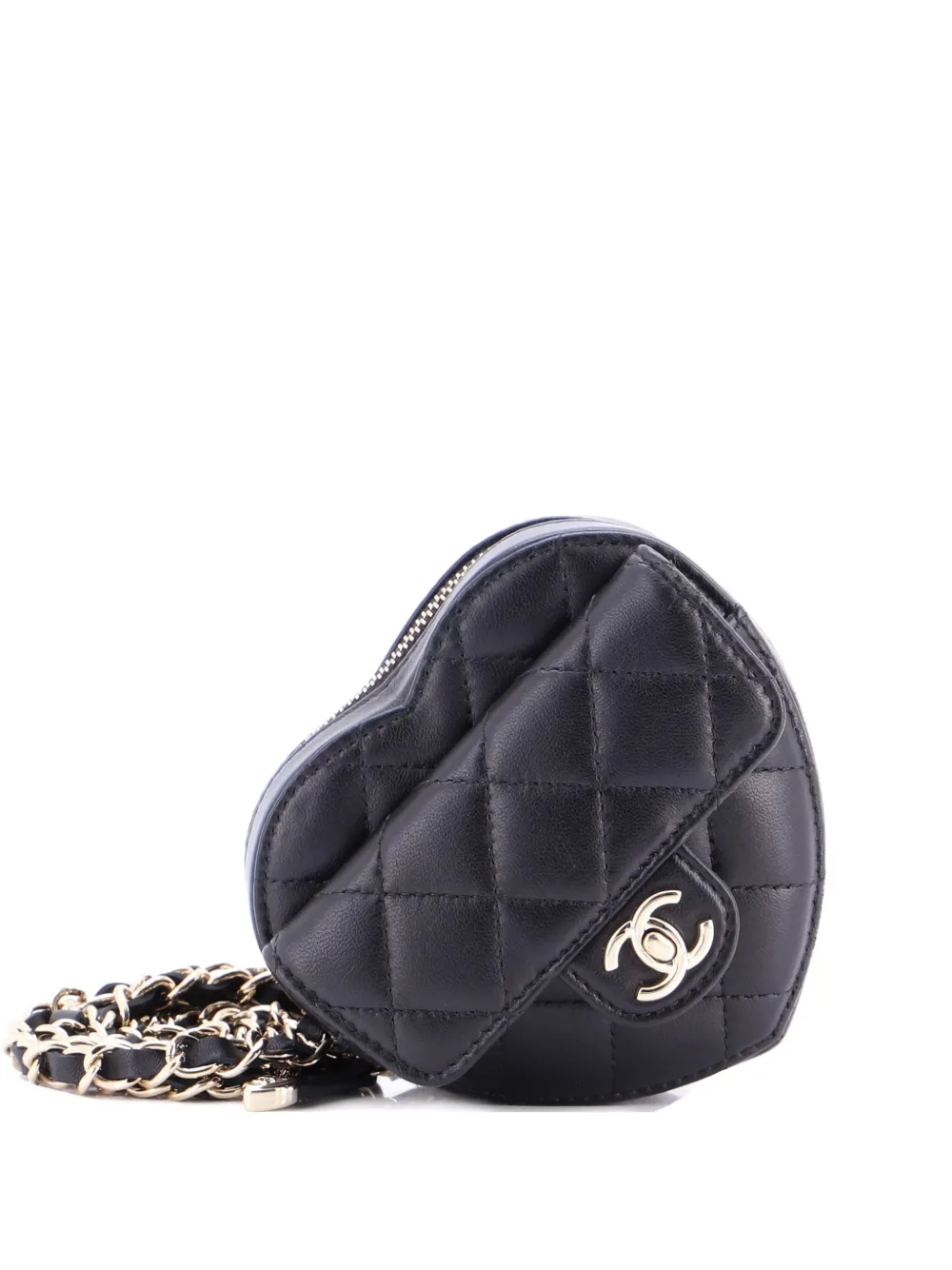 Pre-owned Chanel Cc In Love Heart Quilted Lambskin Belt Bag In Black