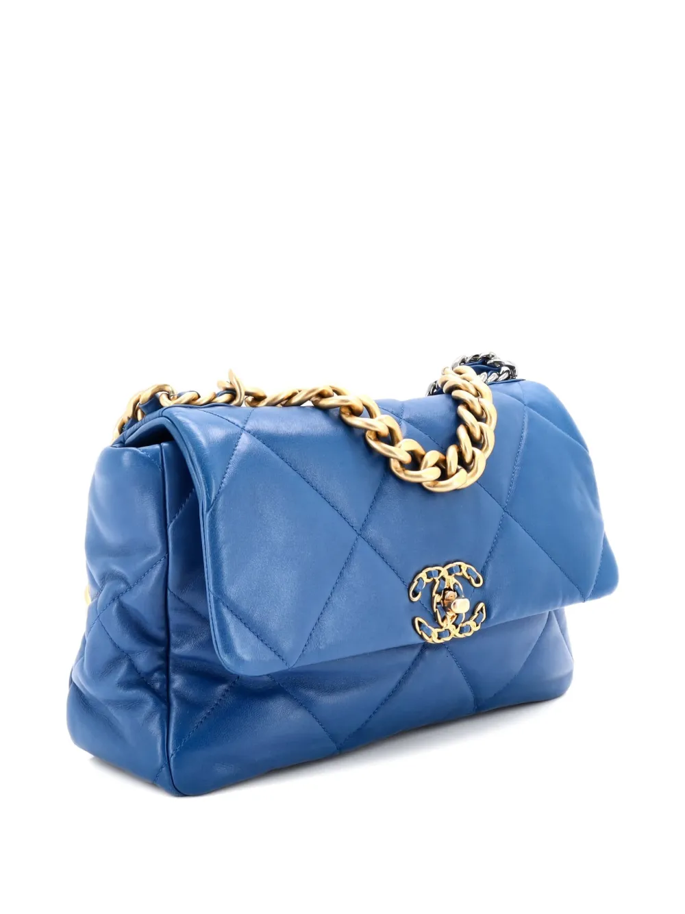 Pre-owned Chanel 19 Flap Bag Quilted Leather Large Crossbody Bag In Blue