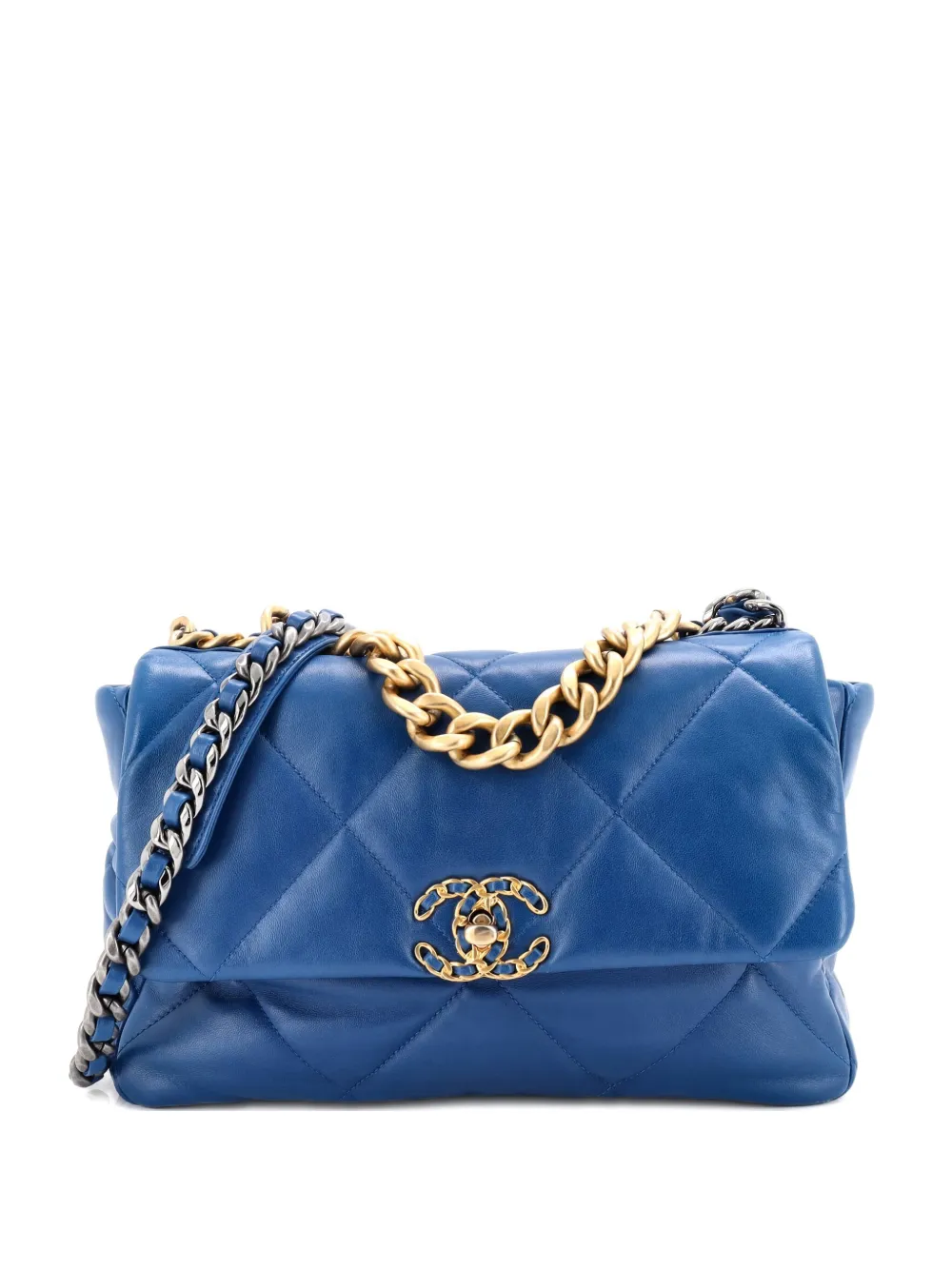 Pre-owned Chanel 19 Flap Bag Quilted Leather Large Crossbody Bag In Blue