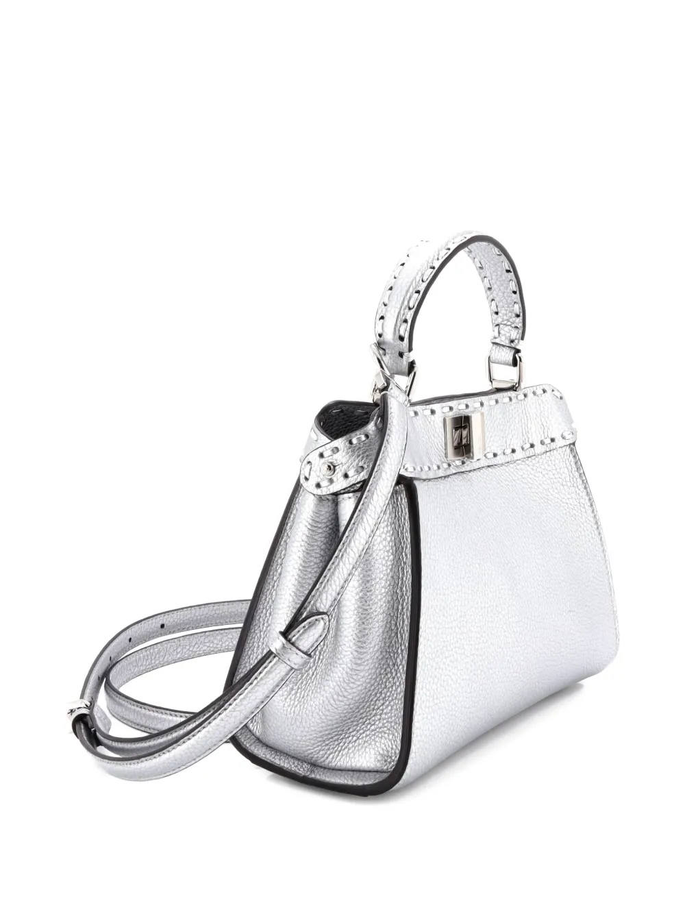Pre-owned Fendi Selleria Peekaboo Bag Leather Mini Satchel In Silver