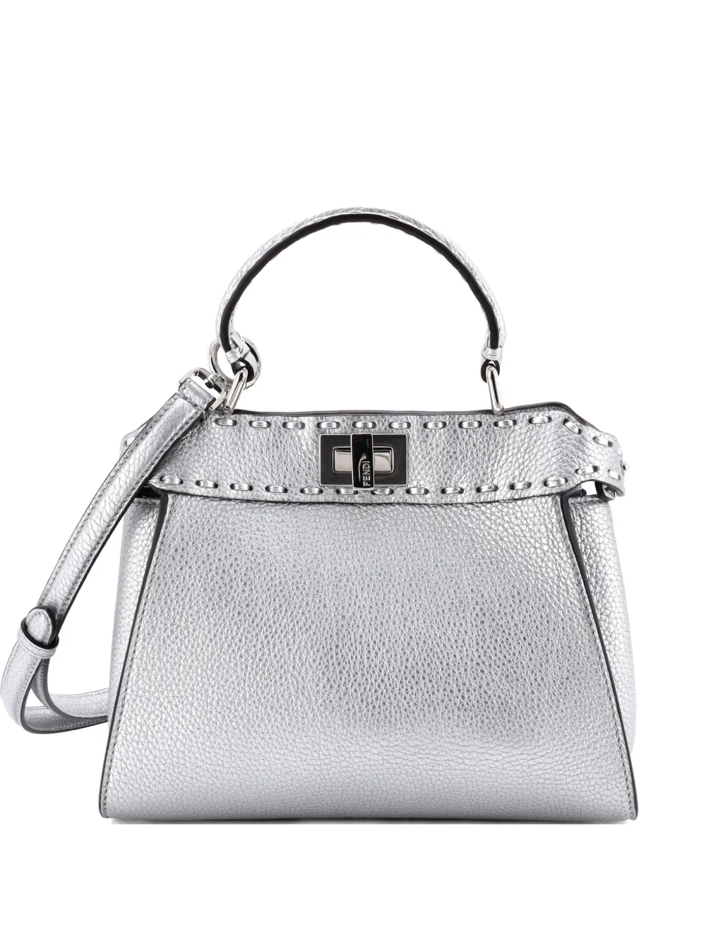 Pre-owned Fendi Selleria Peekaboo Bag Leather Mini Satchel In Silver