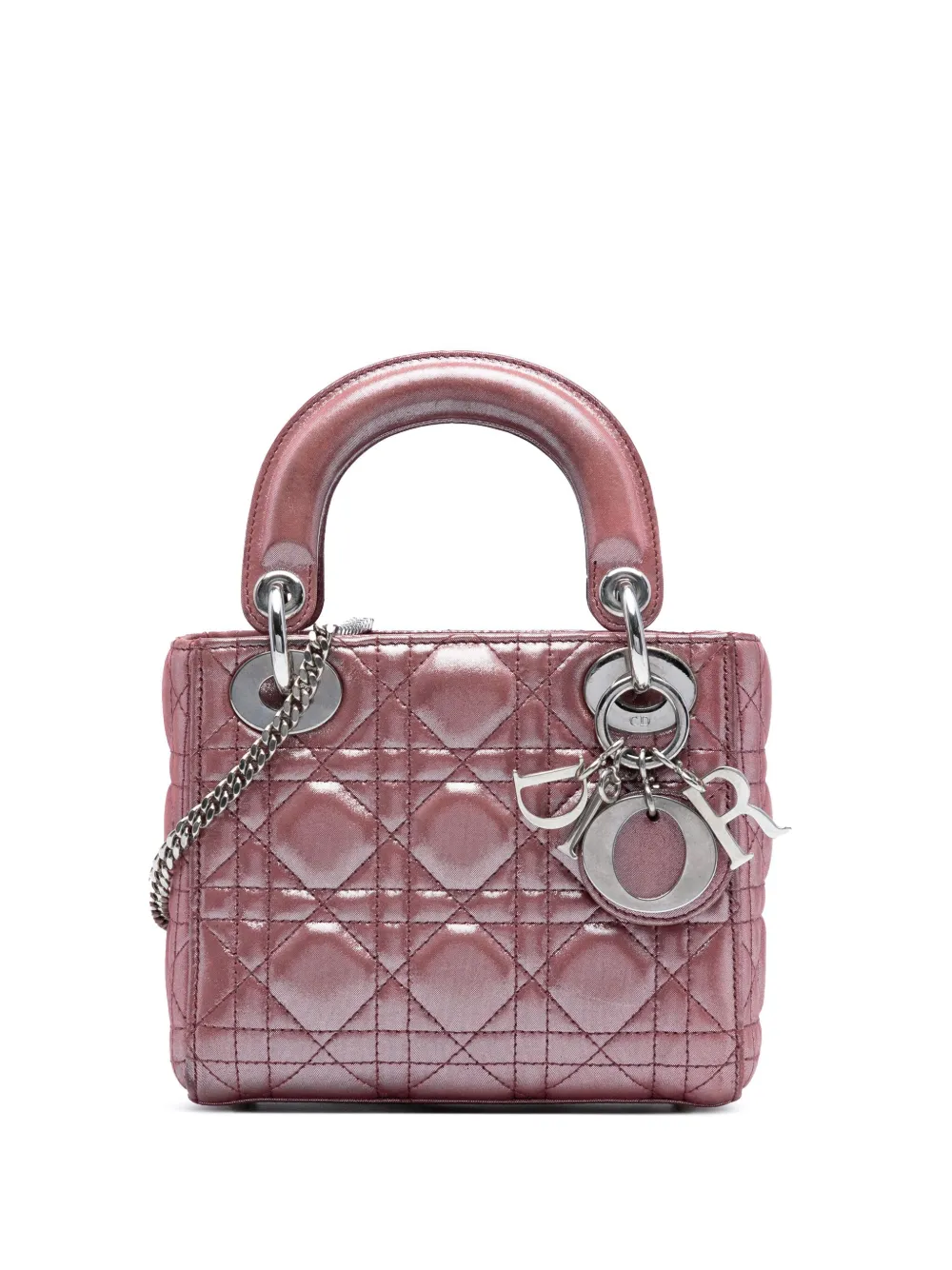 Pre-owned Dior 2015 Mini Iridescent Lambskin Cannage Lady  Satchel In Pink