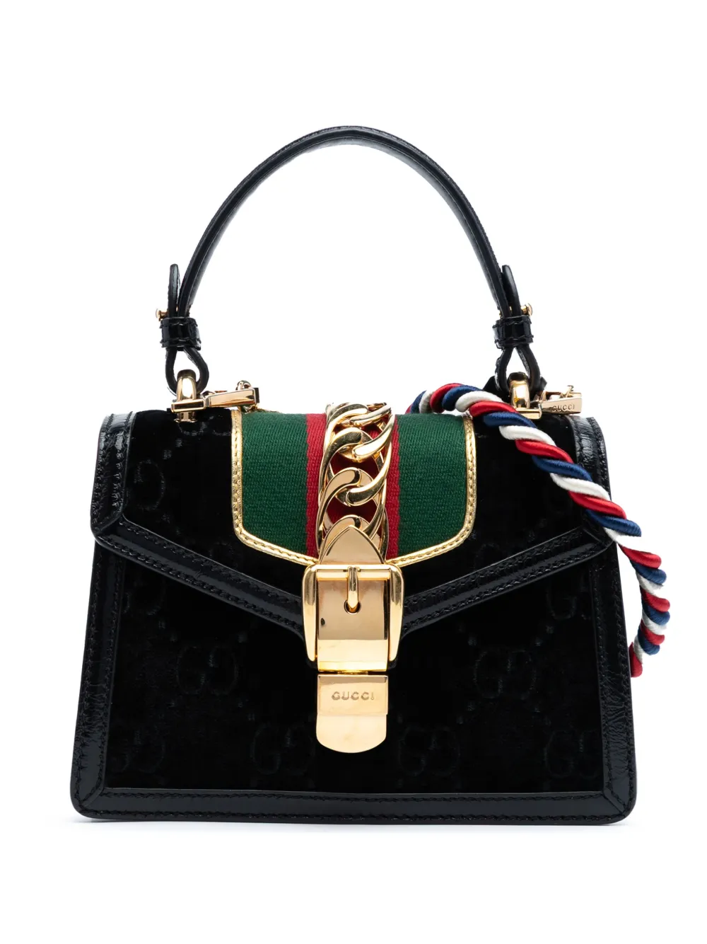 Gucci Pre-Owned 2016-2025 ミニ GG ベルベット シルヴィ サッチェルバッグ - ブラック Gucci Pre-Owned 2016-2025 ミニ GG ベルベット シルヴィ サッチェルバッグ - ブラック