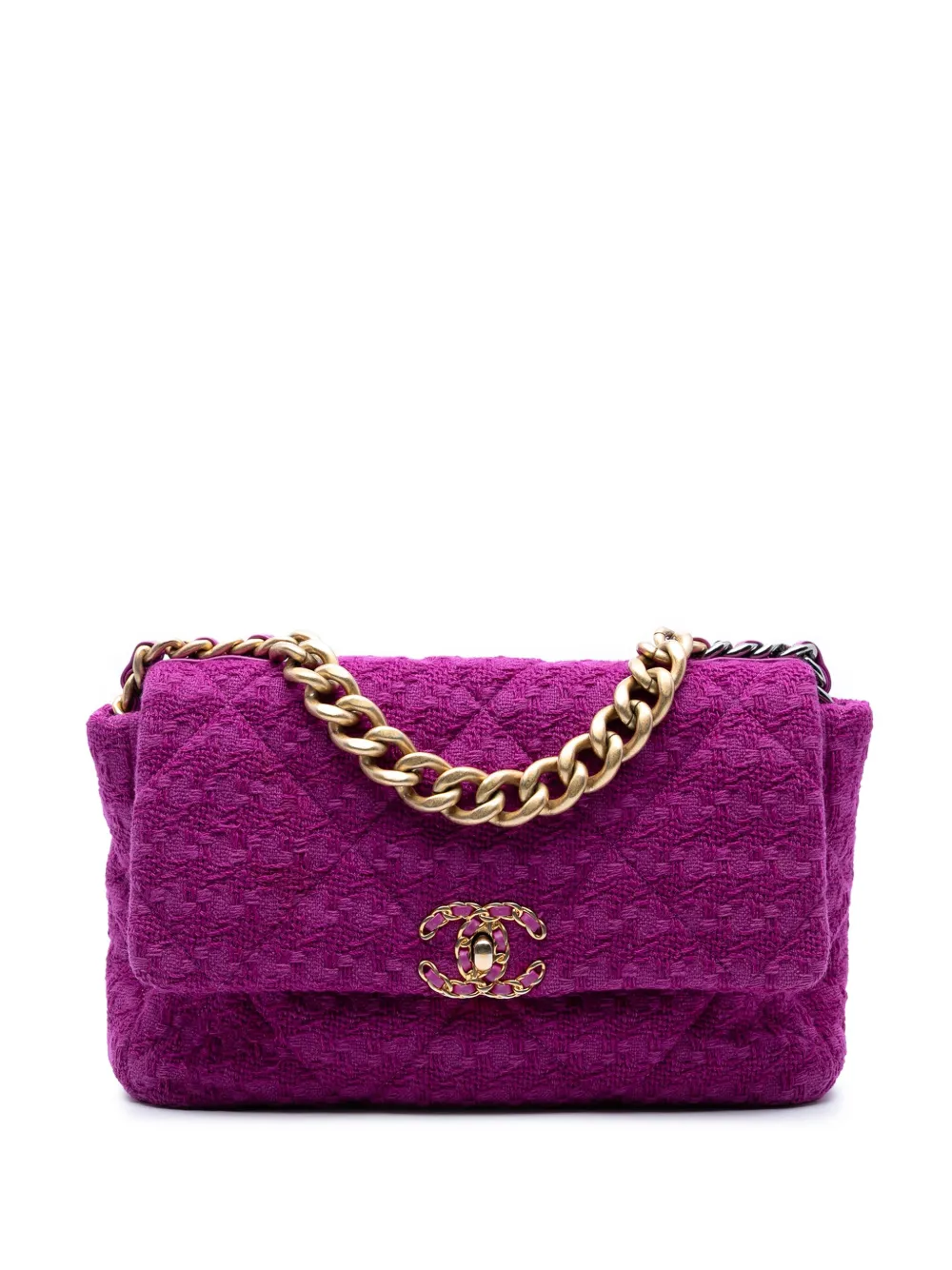 Pre-owned Chanel 2019 Large Tweed 19 Flap Satchel In Purple