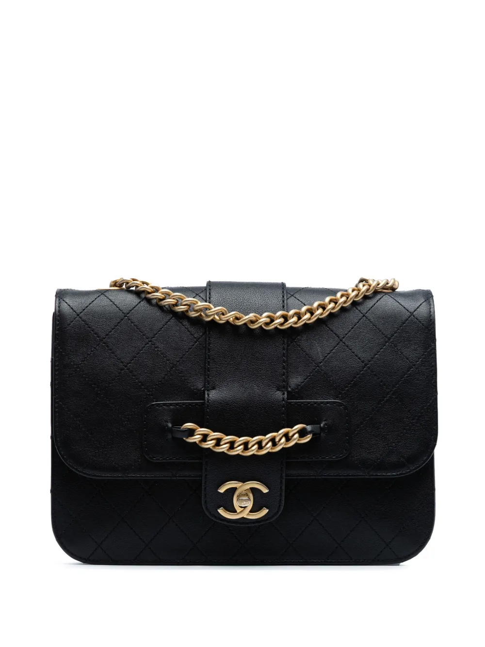 Pre-owned Chanel 2017-2018 Large Quilted Sheepskin Front Chain Flap Crossbody Bag In Black