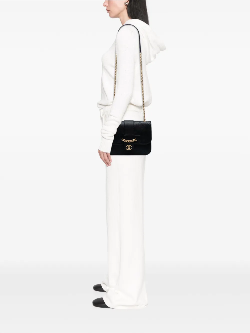 Pre-owned Chanel 2017-2018 Large Quilted Sheepskin Front Chain Flap Crossbody Bag In Black