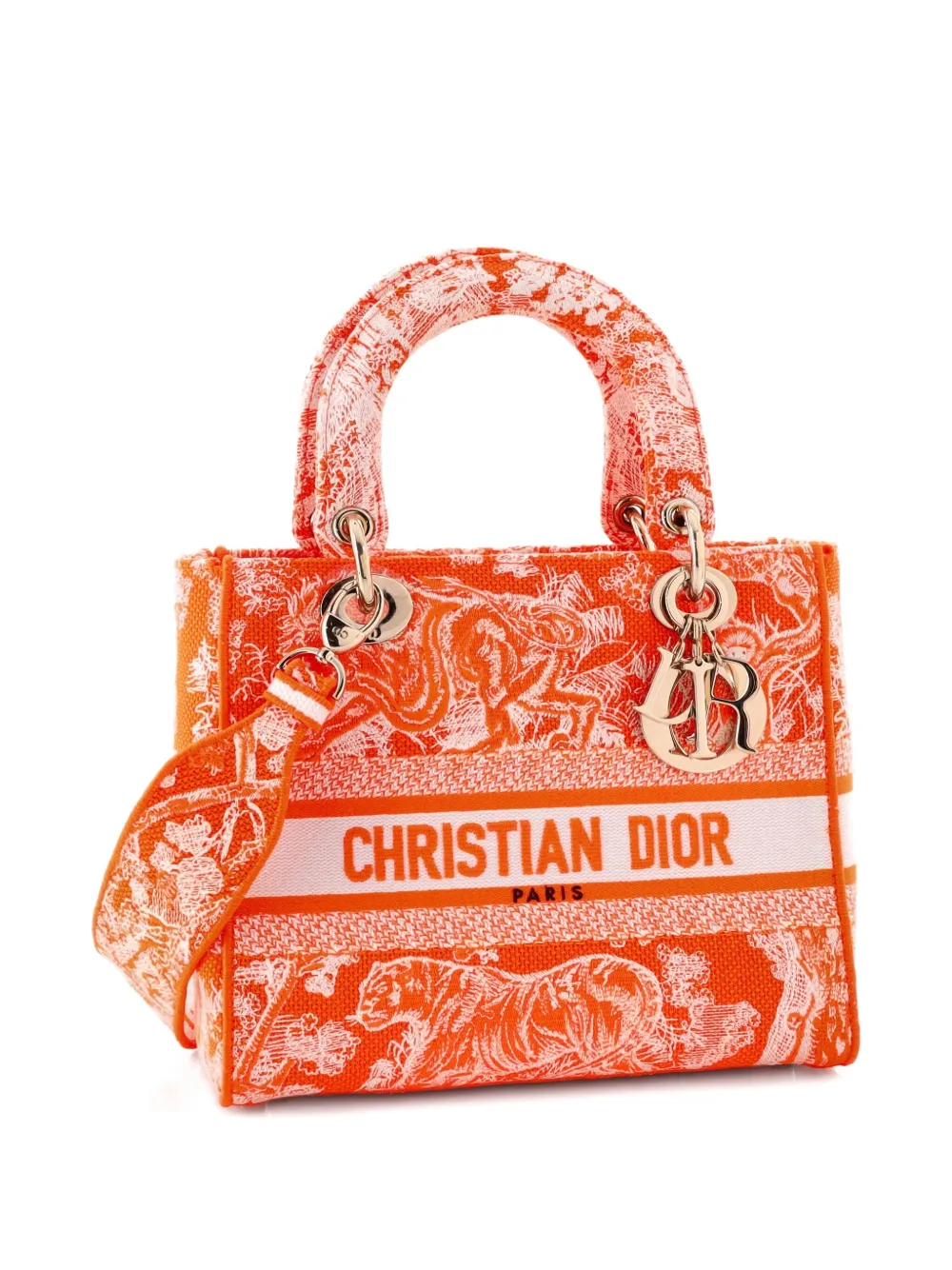 Pre-owned Dior Toile De Jouy Lady D-lite Bag Embroidered Canvas Tote Bag In Orange