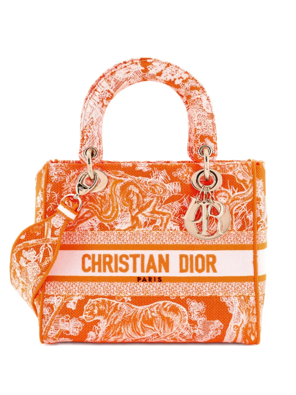 Pre-owned Dior Toile De Jouy Lady D-lite Bag Embroidered Canvas Tote Bag In Orange