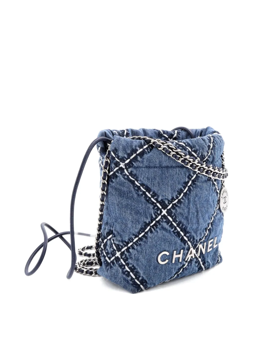 Pre-owned Chanel 22 Chain Quilted Stitched Denim Mini Hobo Bag In Blue