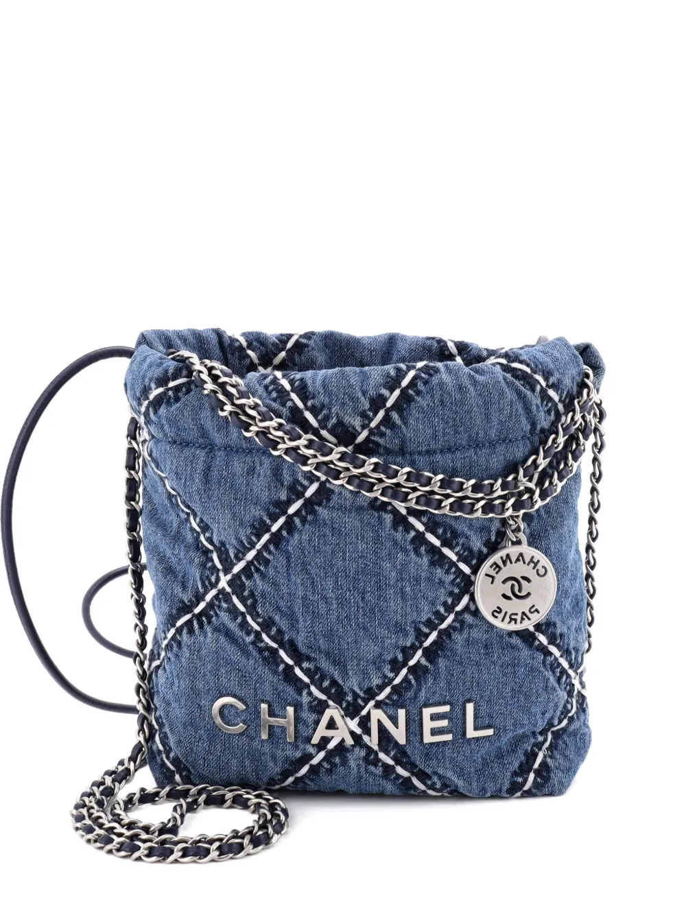 Pre-owned Chanel 22 Chain Quilted Stitched Denim Mini Hobo Bag In Blue