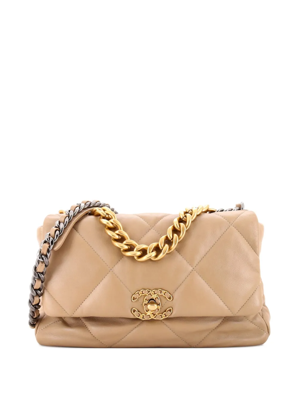 Pre-owned Chanel 19 Flap Bag Quilted Leather Large Crossbody Bag In Neutral