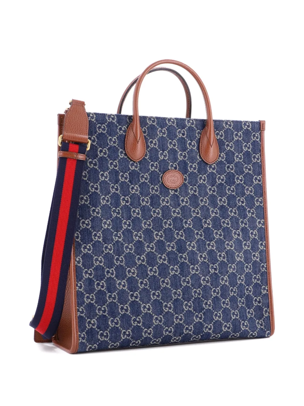 Pre-owned Gucci Interlocking G Patch Web Strap Convertible Gg Denim Tall Tote Bag In Blue