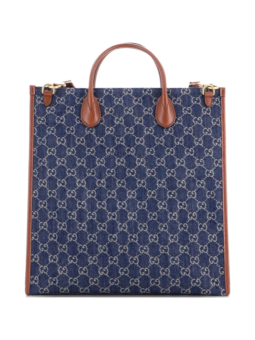 Pre-owned Gucci Interlocking G Patch Web Strap Convertible Gg Denim Tall Tote Bag In Blue