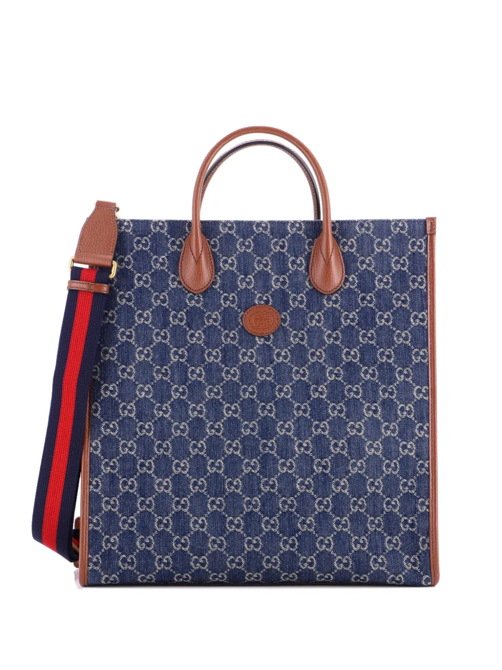 Pre-owned Gucci Interlocking G Patch Web Strap Convertible Gg Denim Tall Tote Bag In Blue