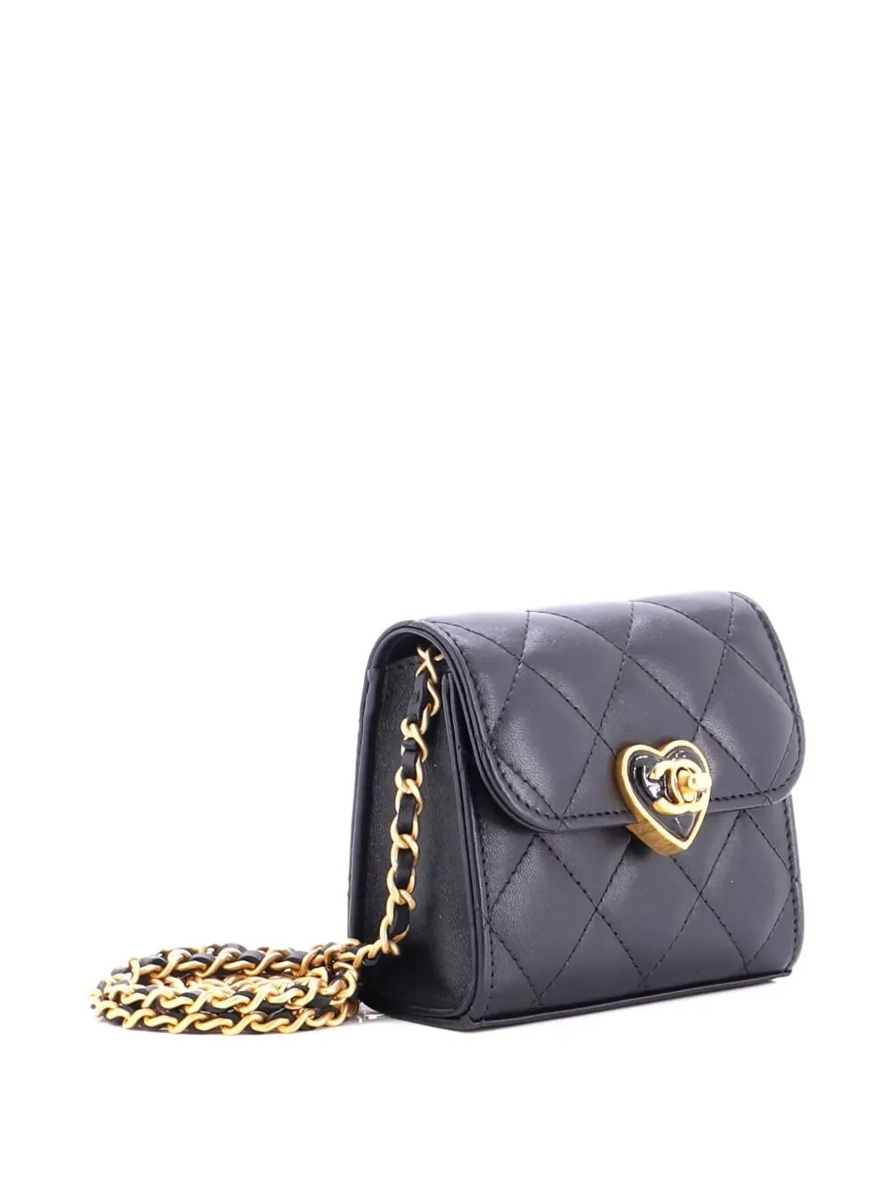 Pre-owned Chanel Coco Love Cc Heart Clutch With Chain Quilted Lambskin Mini Crossbody Bag In Black