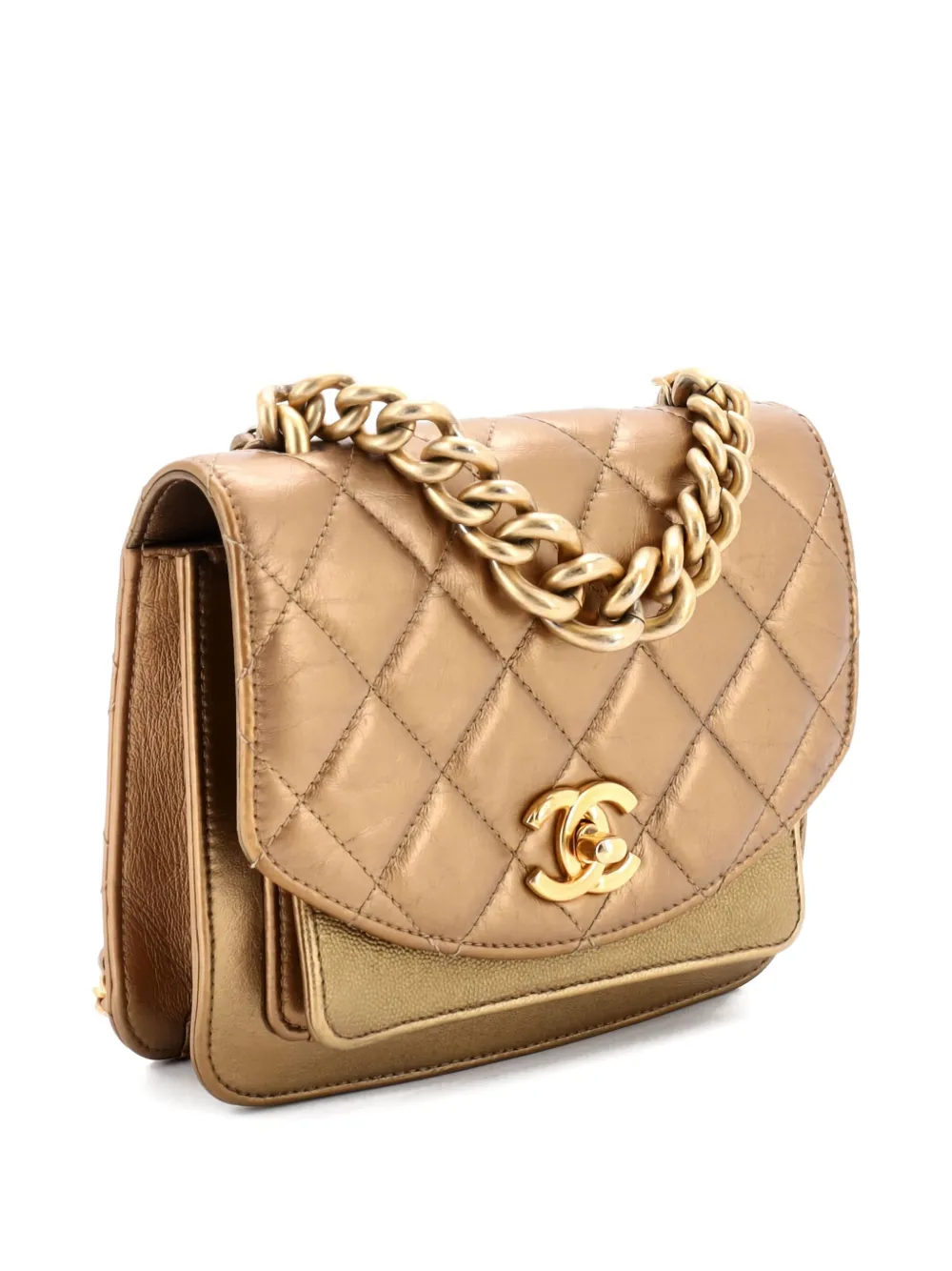 Pre-owned Chanel Chain Handle Flap Bag Quilted Calfskin With Caviar Mini Shoulder Bag In Gold