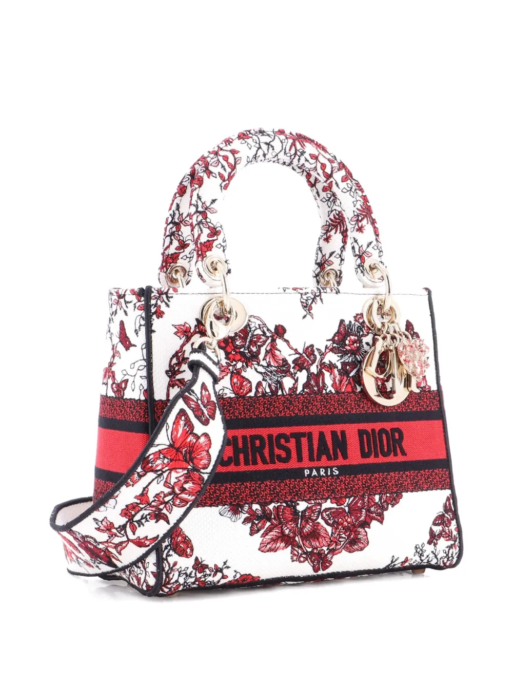 Pre-owned Dior Lady D-lite Bag Embroidered Canvas Medium Satchel In White