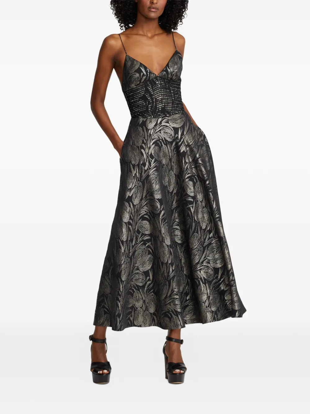 Ralph Lauren Collection Henri Floral V-neck Midi Dress in Black, view 3