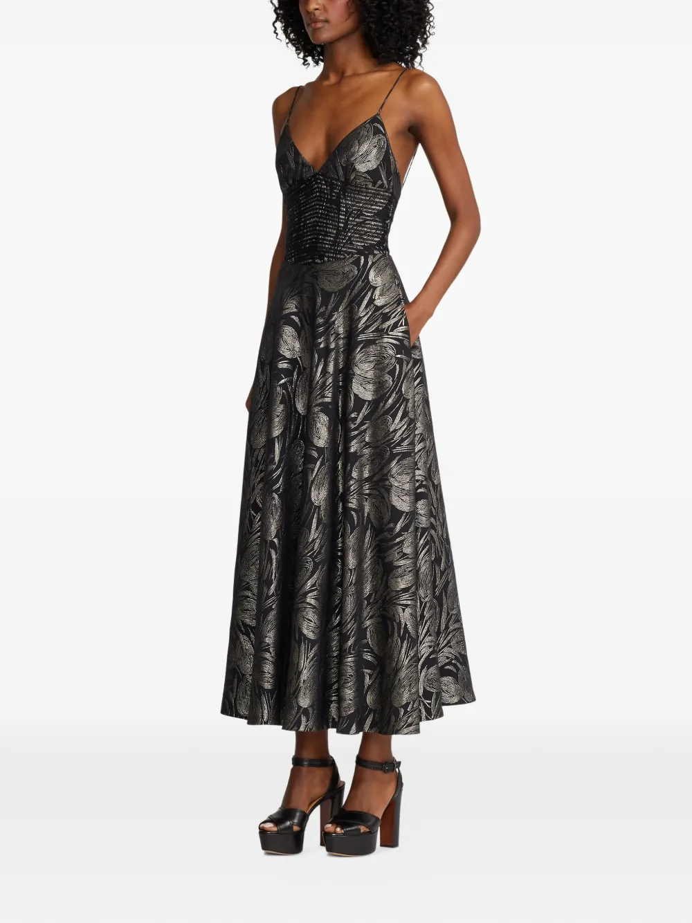 Ralph Lauren Collection Henri Floral V-neck Midi Dress in Black, view 4
