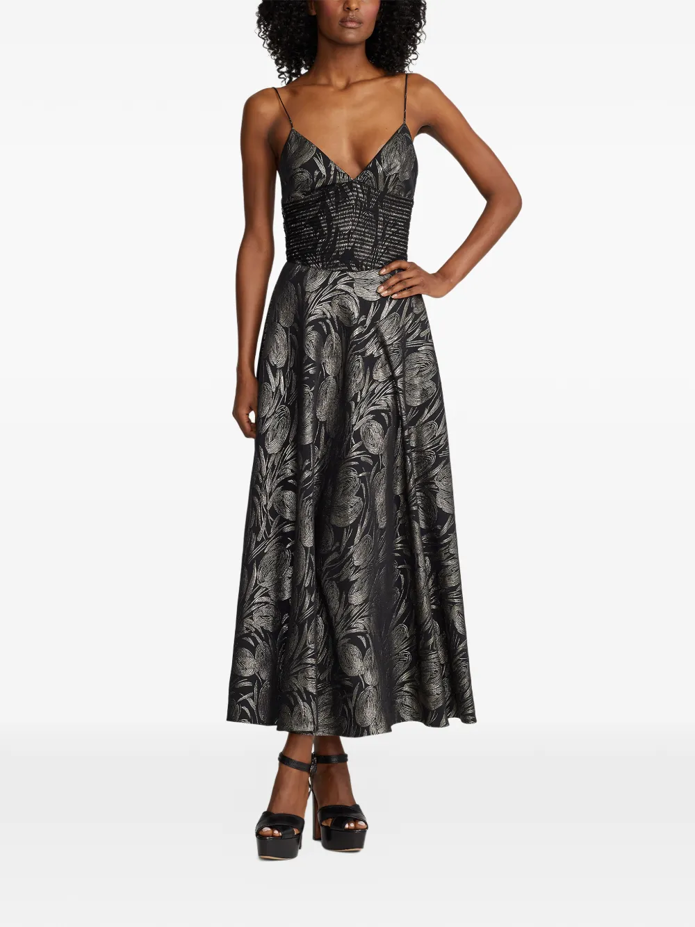 Ralph Lauren Collection Henri Floral V-neck Midi Dress in Black, view 2