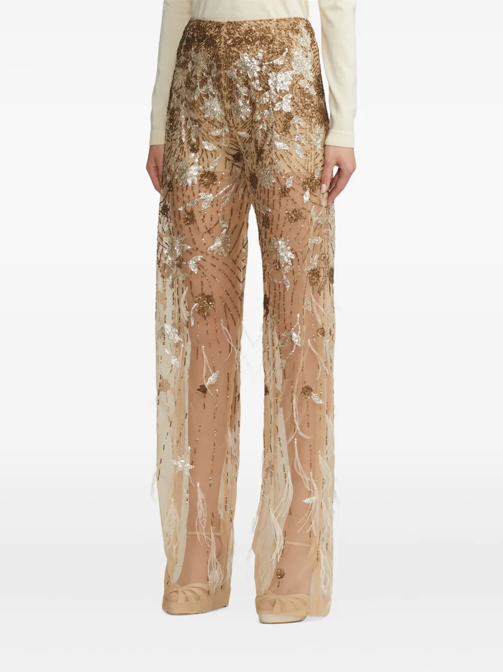 Ralph Lauren Collection Broek met pailletten en veren Beige