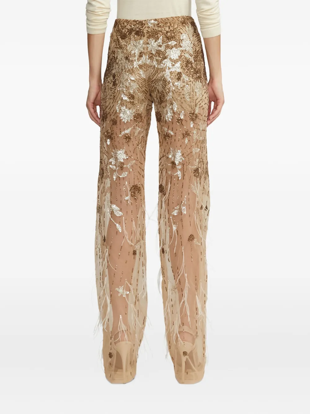 Ralph Lauren Collection Broek met pailletten en veren Beige