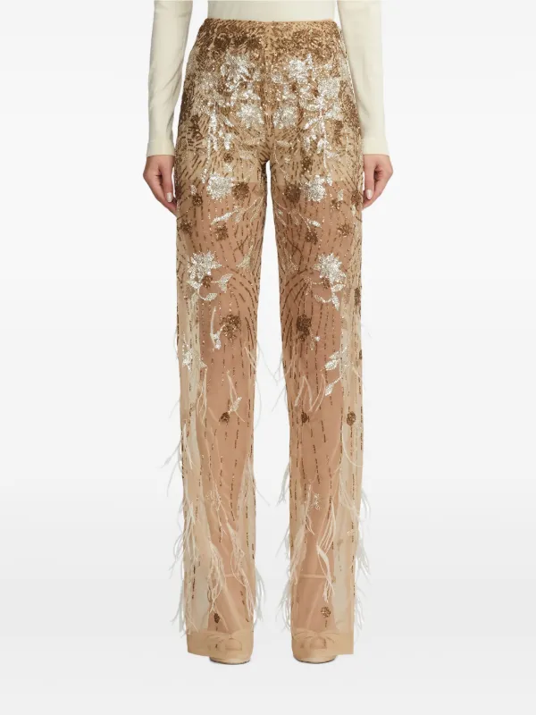 Ralph Lauren Collection Sequined Feather-details Trousers in Neutrals