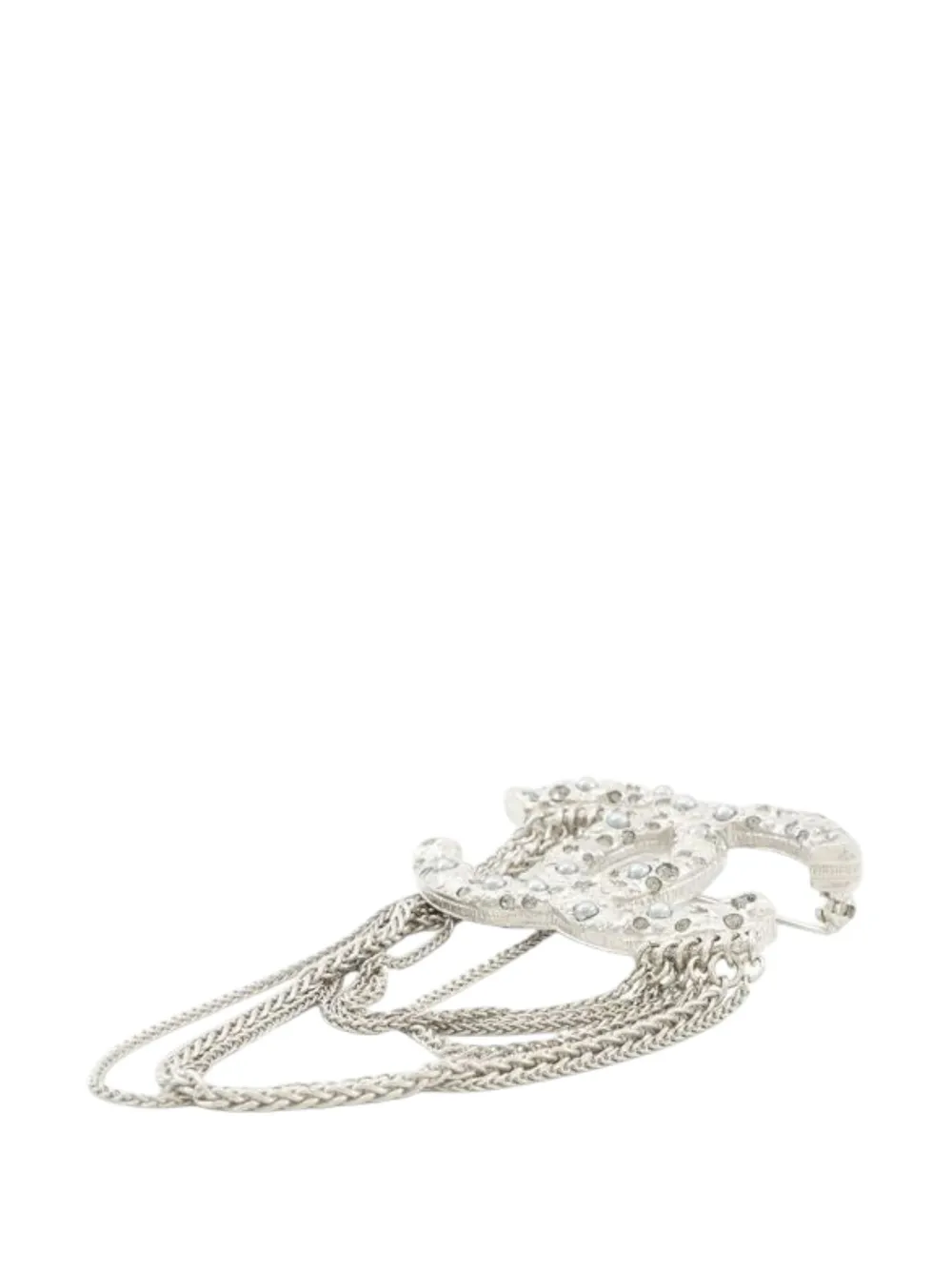 Pre-owned Chanel 2018 Silver Plated Rhinestones Faux Pearl Cc Multi Strand Chain Brooch Costume Brooch