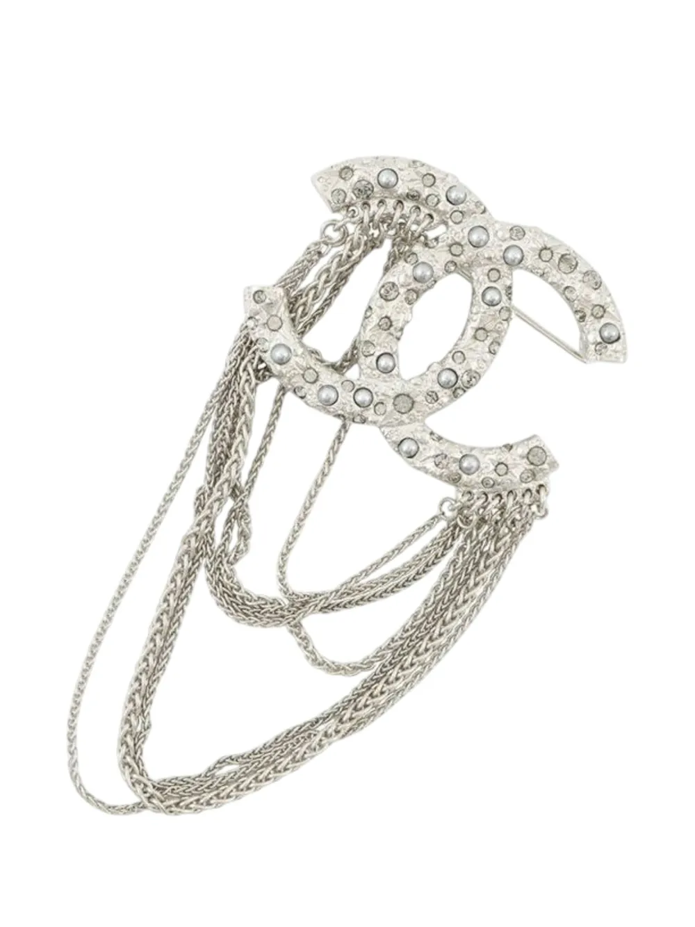 Pre-owned Chanel 2018 Silver Plated Rhinestones Faux Pearl Cc Multi Strand Chain Brooch Costume Brooch