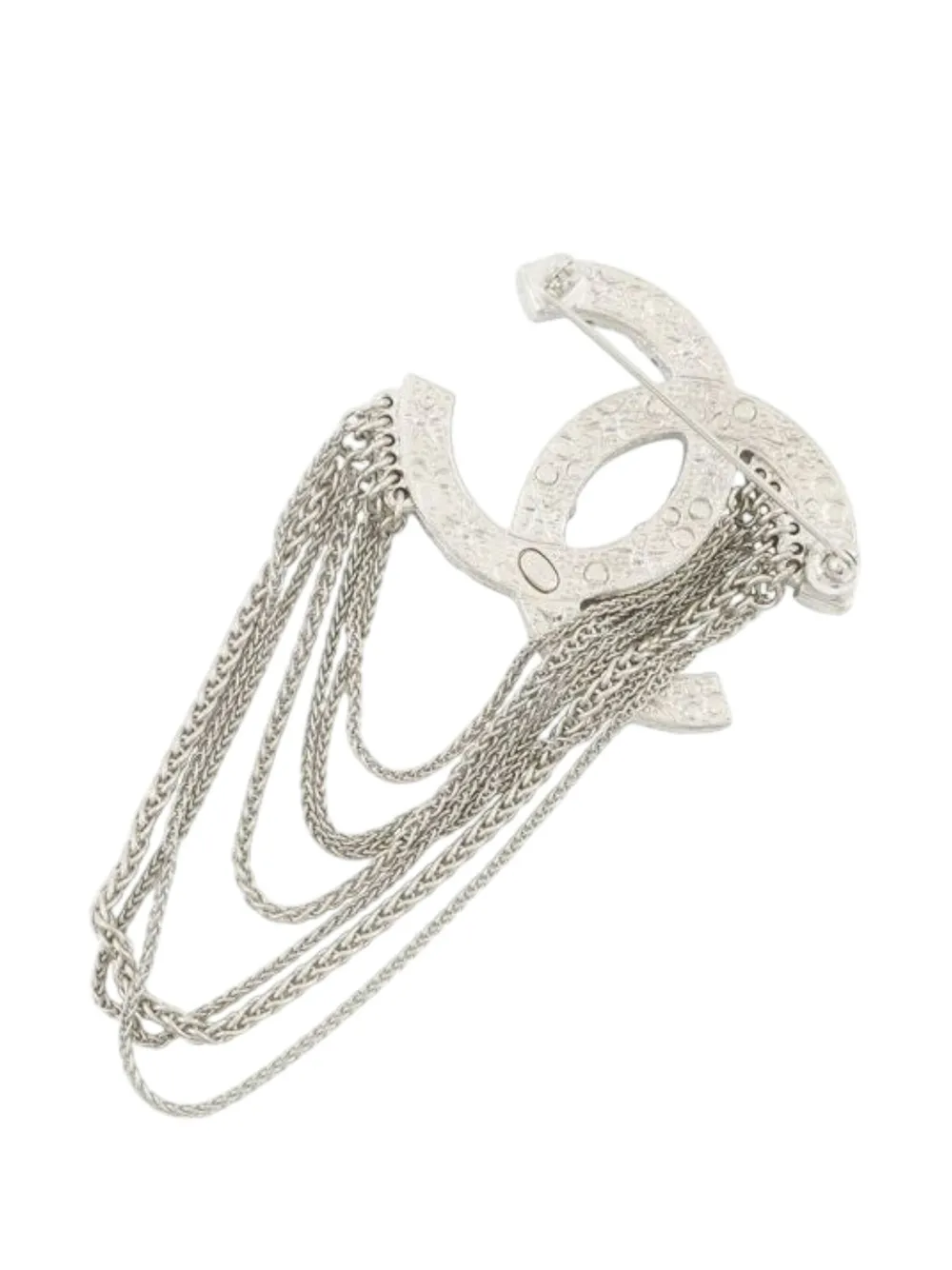 Pre-owned Chanel 2018 Silver Plated Rhinestones Faux Pearl Cc Multi Strand Chain Brooch Costume Brooch