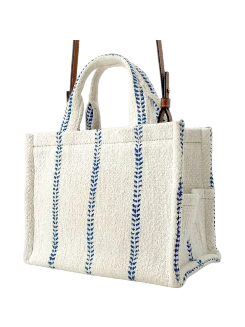Pre-owned Celine 2018-2025 Small Wool Cuir Triomphe Stripe Cabas Thais Satchel In White