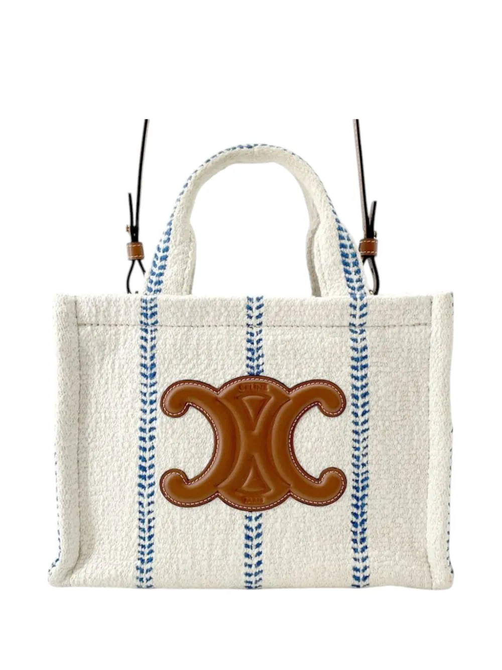 Pre-owned Celine 2018-2025 Small Wool Cuir Triomphe Stripe Cabas Thais Satchel In White