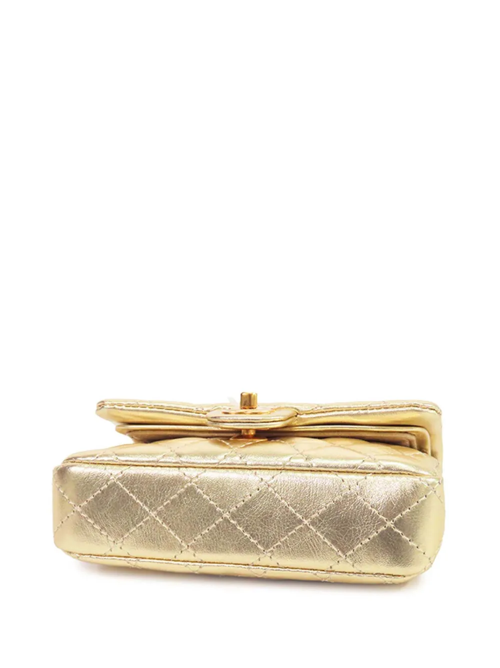 Pre-owned Chanel 2024-2025 Mini Classic Metallic Calfskin Charm Double Flap Clutch Bag In Gold