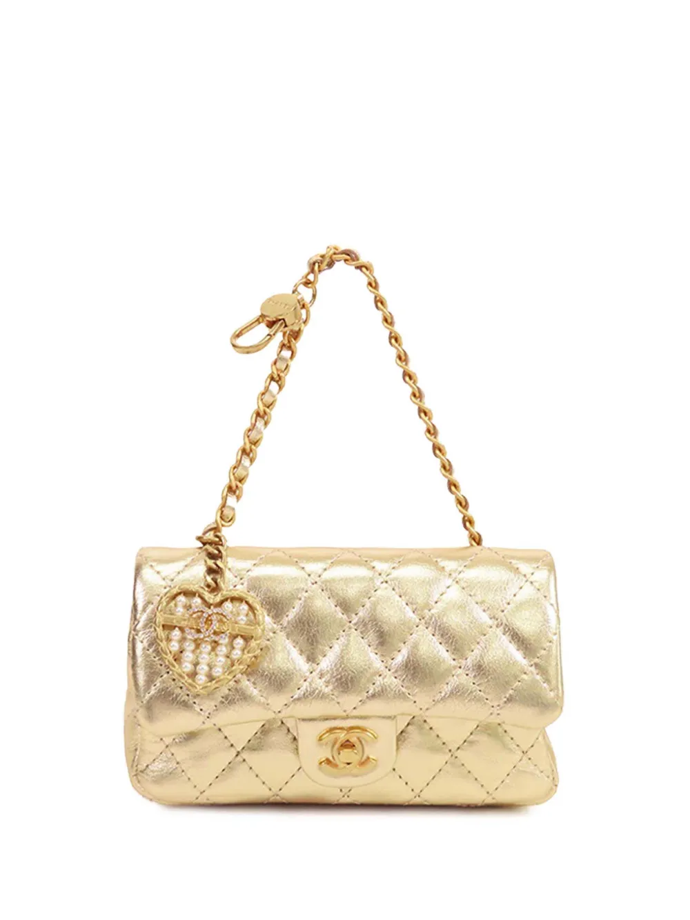 Pre-owned Chanel 2024-2025 Mini Classic Metallic Calfskin Charm Double Flap Clutch Bag In Gold