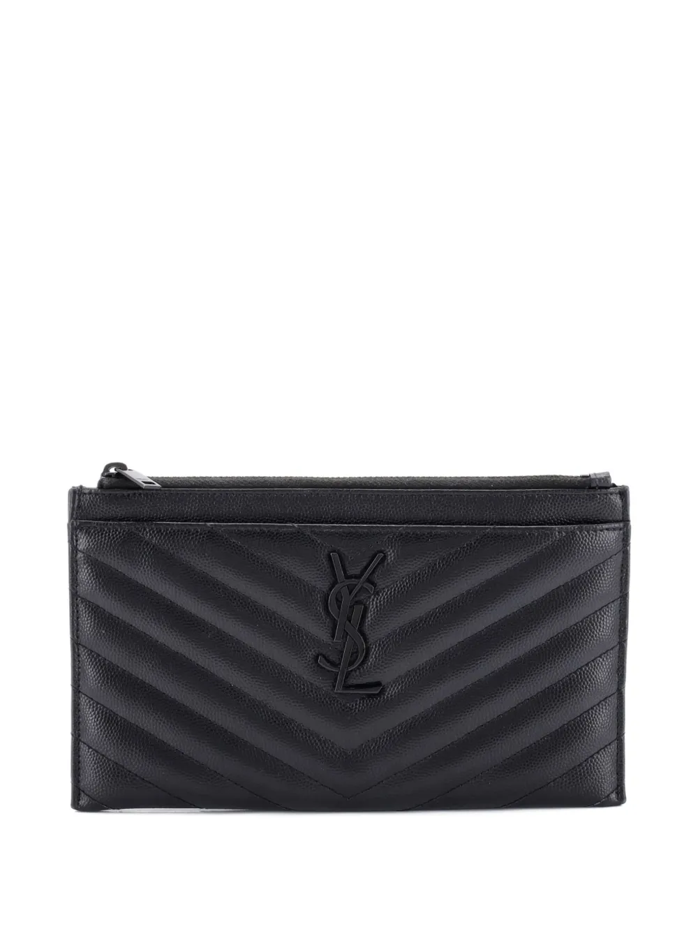 Pre-owned Saint Laurent Classic Monogram Zip Bill Matelasse Chevron Leather Medium Pouch In Black
