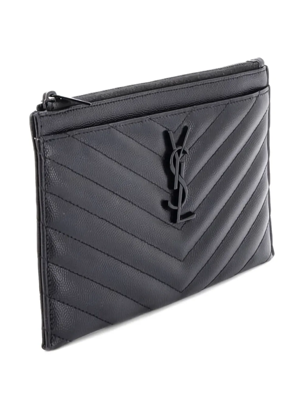 Pre-owned Saint Laurent Classic Monogram Zip Bill Matelasse Chevron Leather Medium Pouch In Black