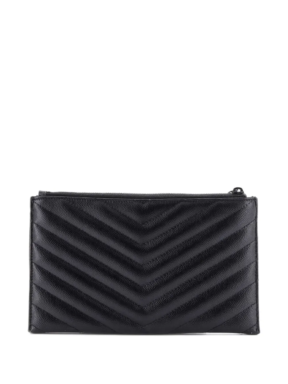 Pre-owned Saint Laurent Classic Monogram Zip Bill Matelasse Chevron Leather Medium Pouch In Black