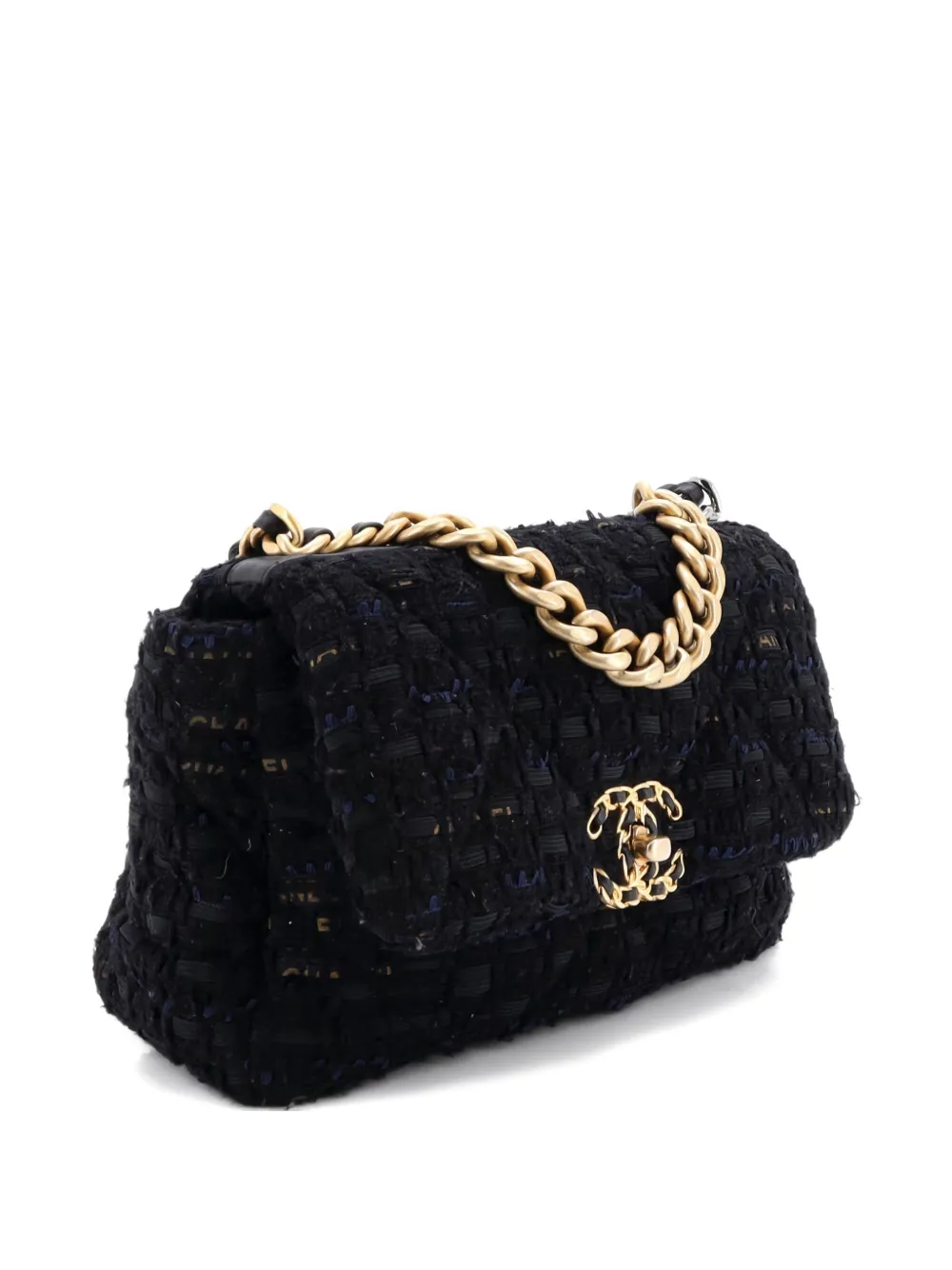 Pre-owned Chanel 19 Flap Bag Quilted Tweed And Ribbon Medium Shoulder Bag In Black