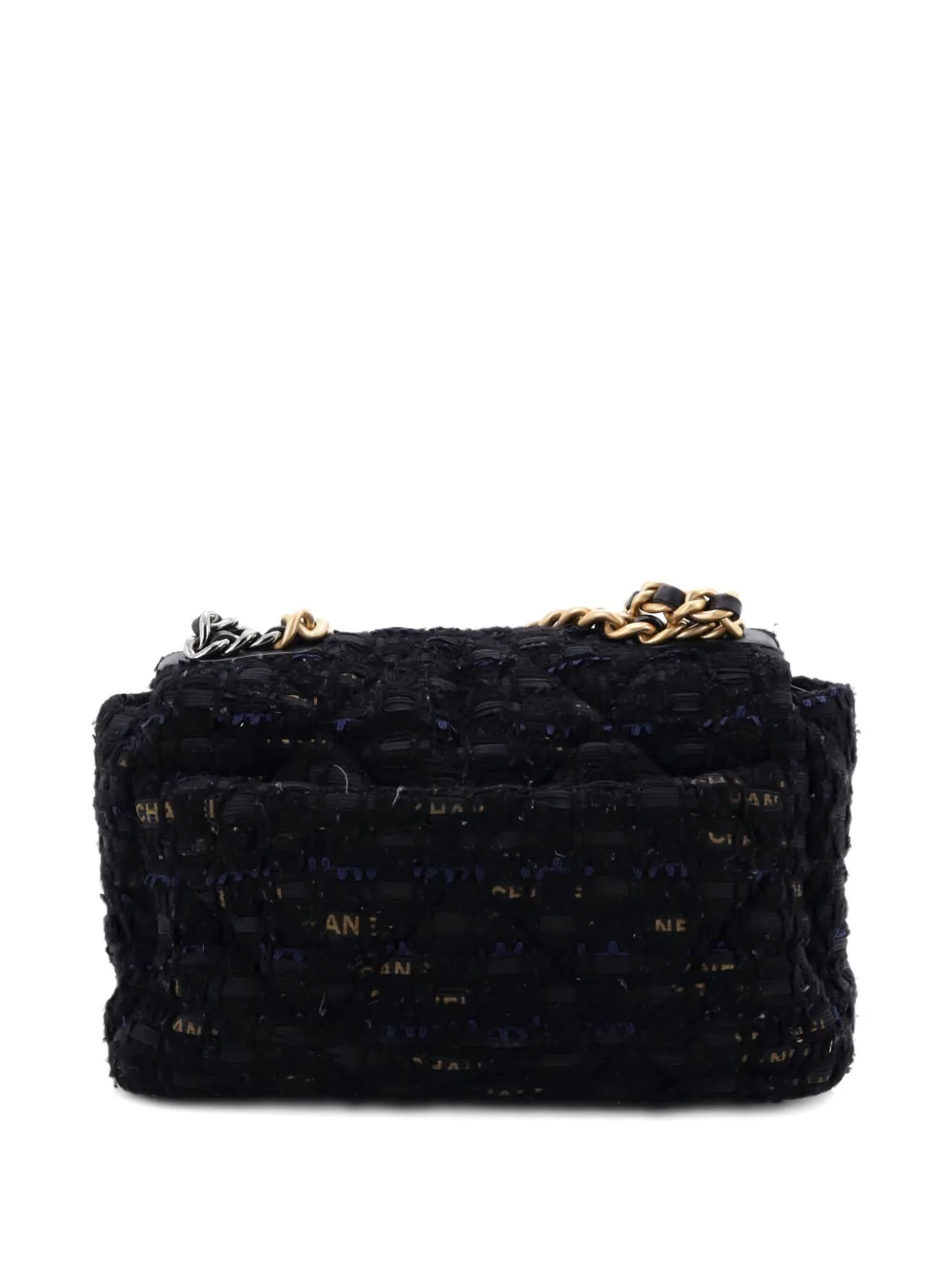 Pre-owned Chanel 19 Flap Bag Quilted Tweed And Ribbon Medium Shoulder Bag In Black
